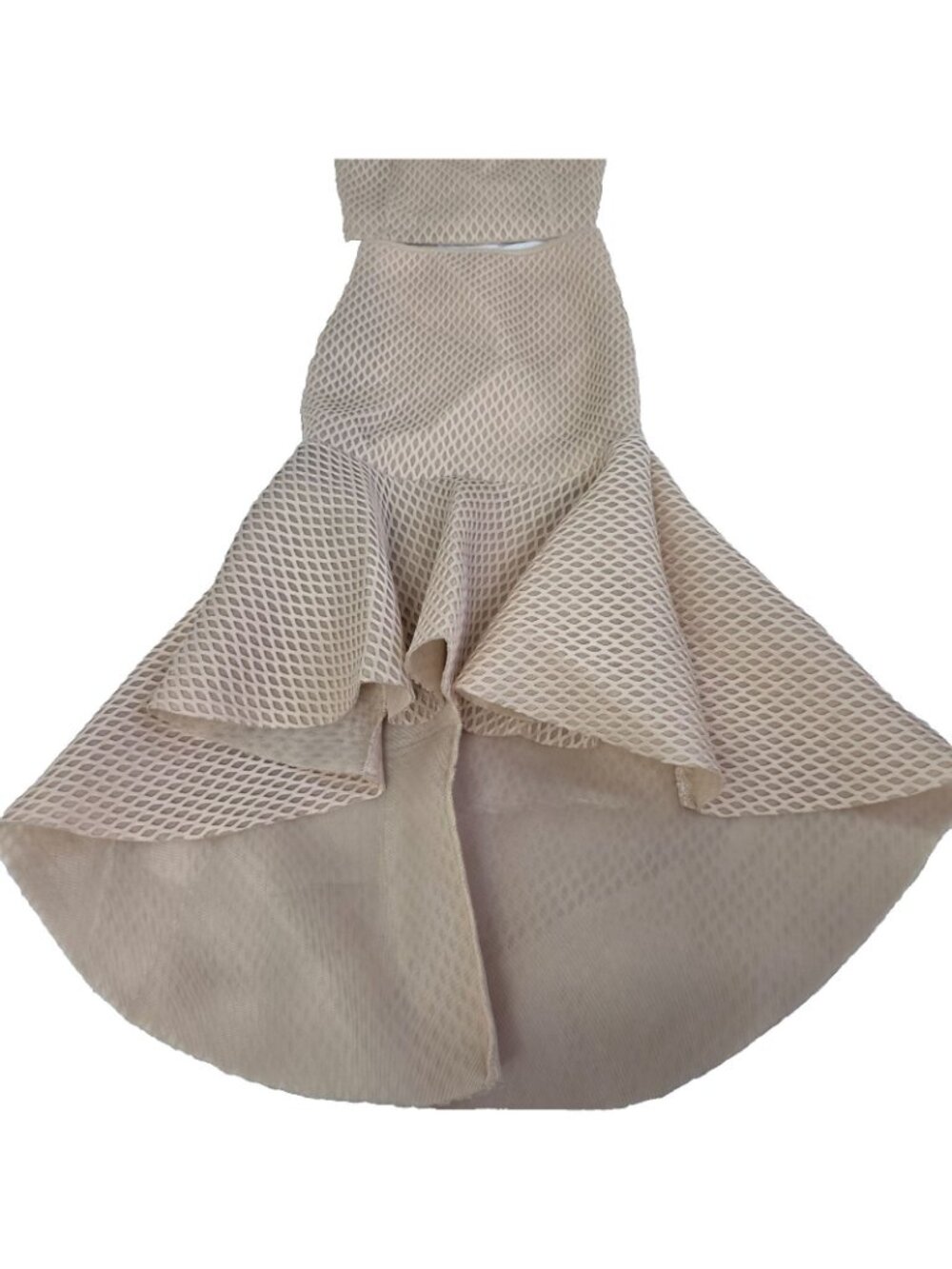 She + Sky 2 Piece Set Medium Beige Mesh Cutout Crop Top Mermaid High Low Skirt - Picture 12 of 15